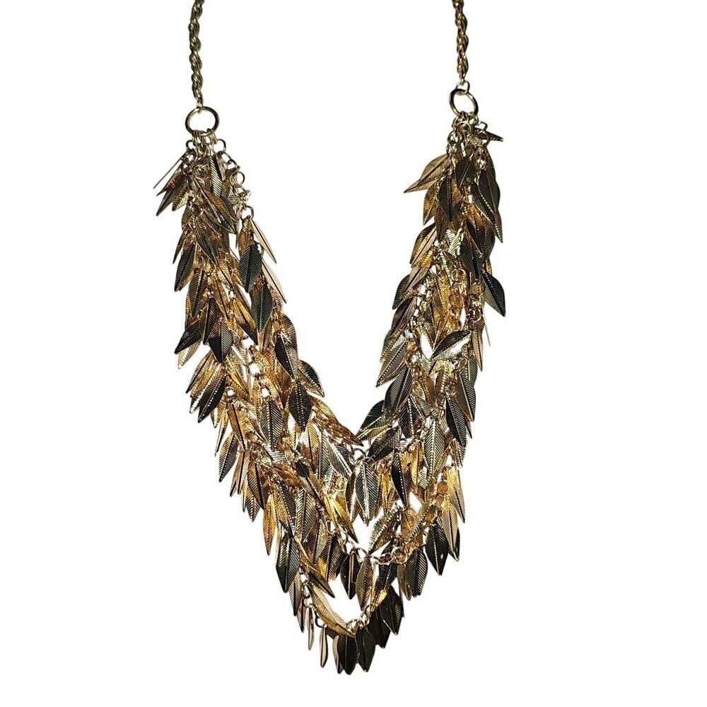 Vintage Gold Tone Leaf Statement Necklace Cascading Layered Design